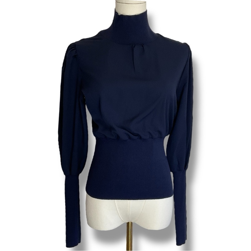 French Connection Top Navy Blue Krista High Neck Blouse Longsleeve Size XS‎ NWT
